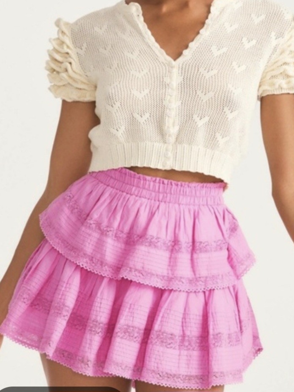 LoveShackFancy Hot Pink Tiered Ruffle Mini Skirt - Picture 1 of 5